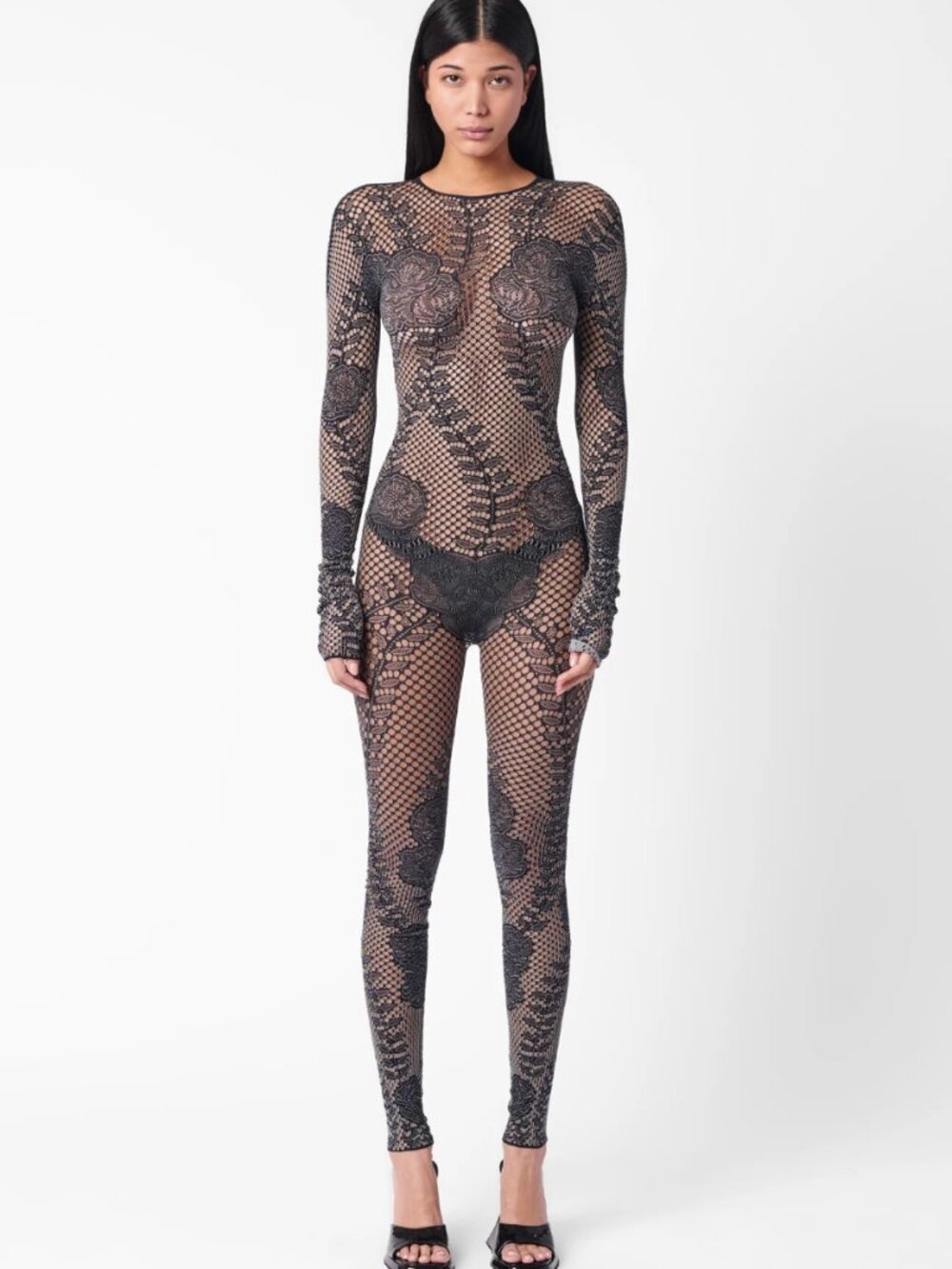 NEW Poster Girl Hen Jumpsuit Black Mesh Lace Long Sleeve Catsuit Cat Body Suit